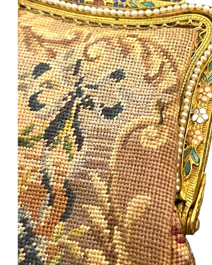Antique Victorian Ornate cloissone enameled ornate flowers petite point purse