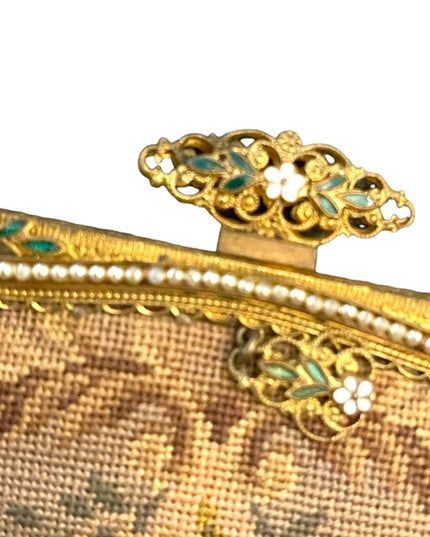Antique Victorian Ornate cloissone enameled ornate flowers petite point purse