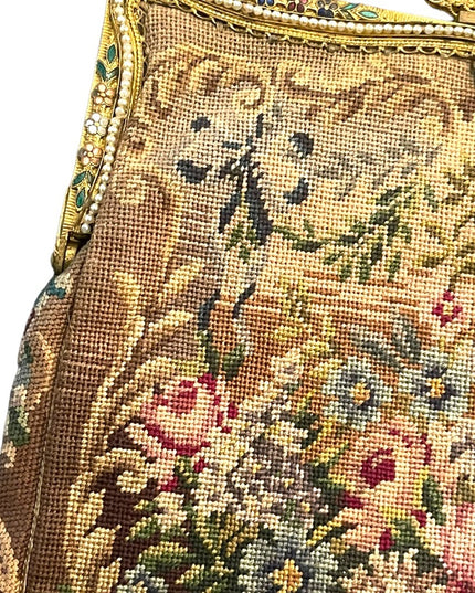 Antique Victorian Ornate cloissone enameled ornate flowers petite point purse