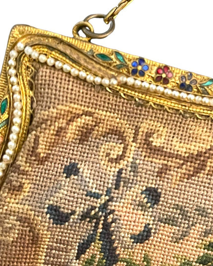 Antique Victorian Ornate cloissone enameled ornate flowers petite point purse