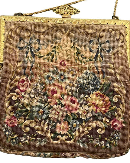 Antique Victorian Ornate cloissone enameled ornate flowers petite point purse
