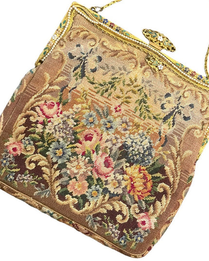 Antique Victorian Ornate cloissone enameled ornate flowers petite point purse