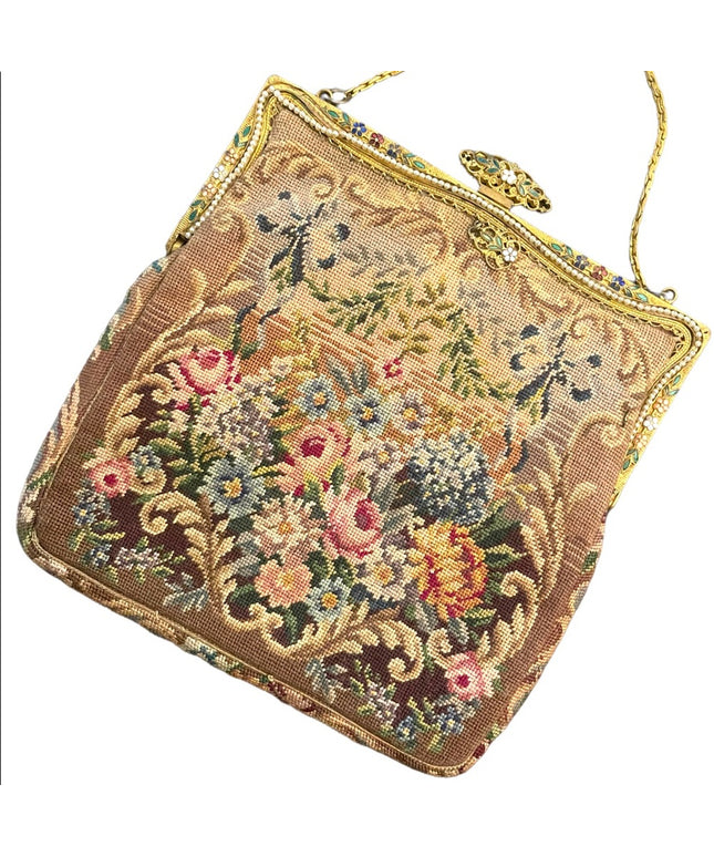 Antique Victorian Ornate cloissone enameled ornate flowers petite point purse