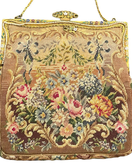 Antique Victorian Ornate cloissone enameled ornate flowers petite point purse