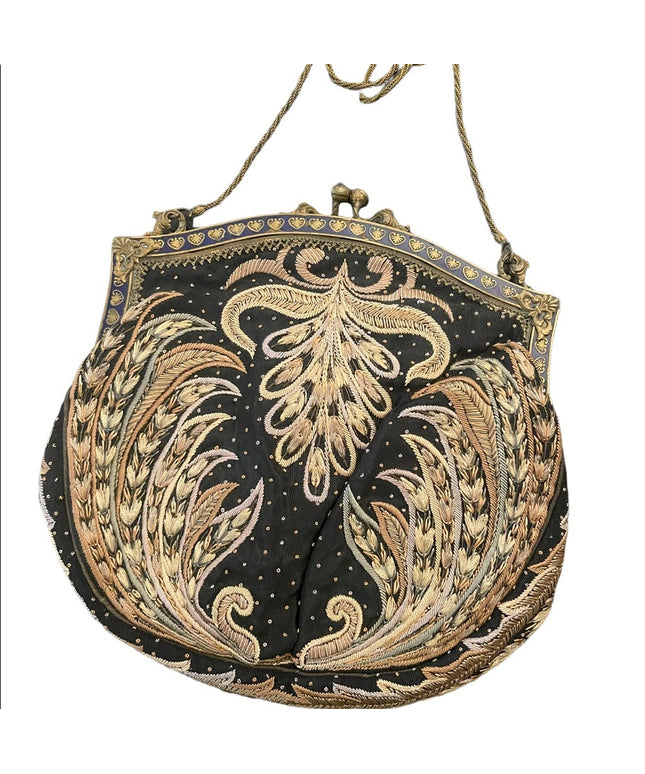Antique Victorian Handmade Ornate cloissone enameled feather needlework purse