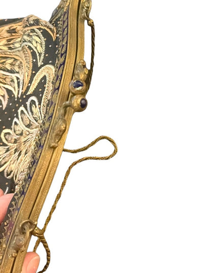 Antique Victorian Handmade Ornate cloissone enameled feather needlework purse