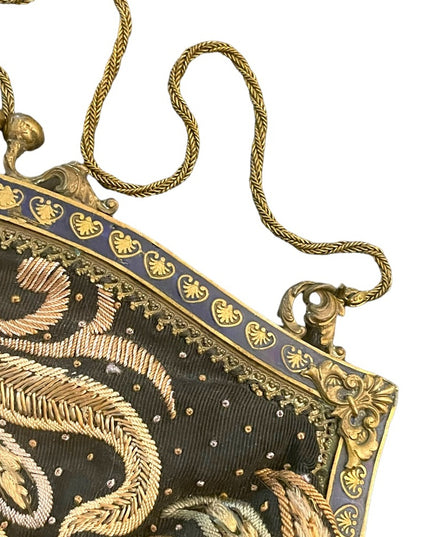 Antique Victorian Handmade Ornate cloissone enameled feather needlework purse