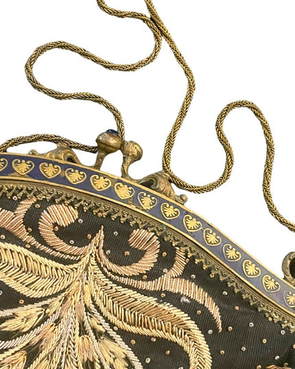 Antique Victorian Handmade Ornate cloissone enameled feather needlework purse