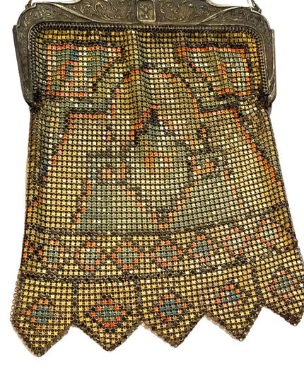 Antique 1900 Early ornate metal mesh geometric hand painted purse Art Deco