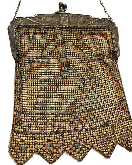 Antique 1900 Early ornate metal mesh geometric hand painted purse Art Deco