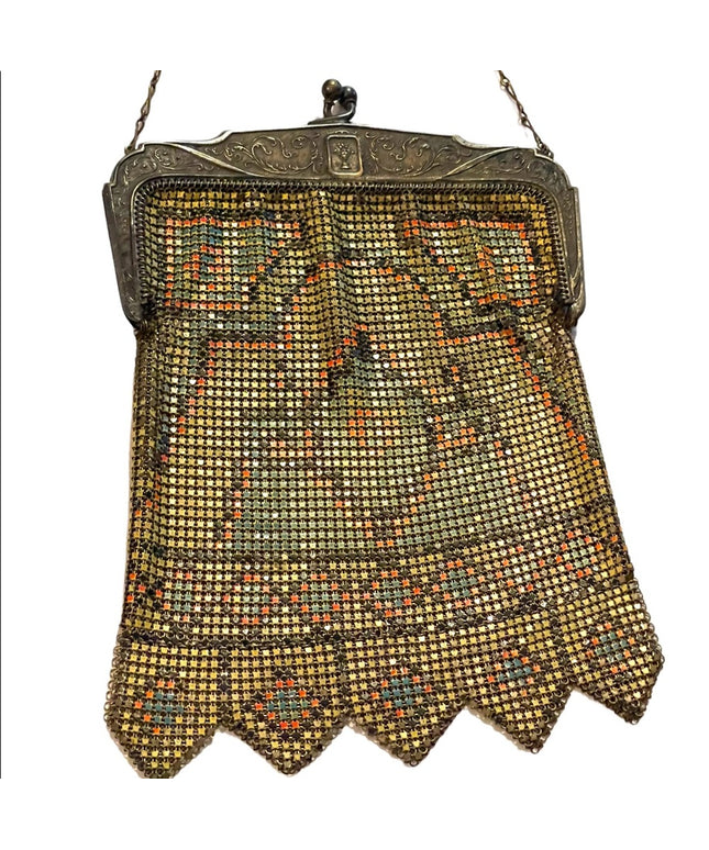 Antique 1900 Early ornate metal mesh geometric hand painted purse Art Deco