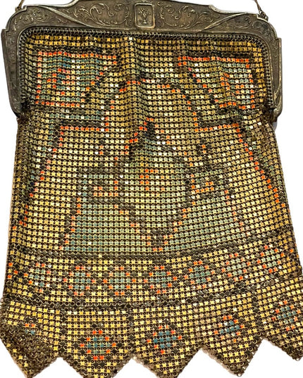 Antique 1900 Early ornate metal mesh geometric hand painted purse Art Deco