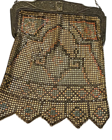 Antique 1900 Early ornate metal mesh geometric hand painted purse Art Deco