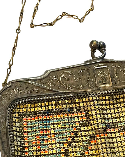 Antique 1900 Early ornate metal mesh geometric hand painted purse Art Deco