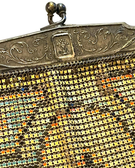 Antique 1900 Early ornate metal mesh geometric hand painted purse Art Deco