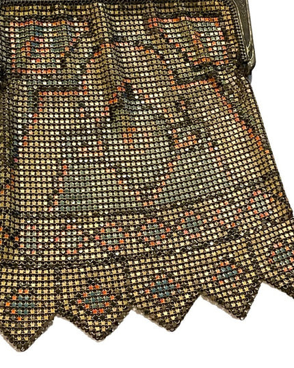 Antique 1900 Early ornate metal mesh geometric hand painted purse Art Deco