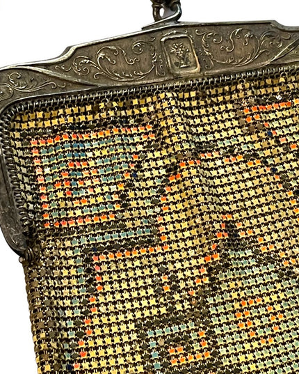Antique 1900 Early ornate metal mesh geometric hand painted purse Art Deco