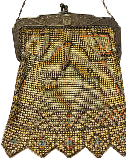 Antique 1900 Early ornate metal mesh geometric hand painted purse Art Deco