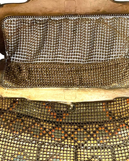 Antique 1900 Early ornate metal mesh geometric hand painted purse Art Deco