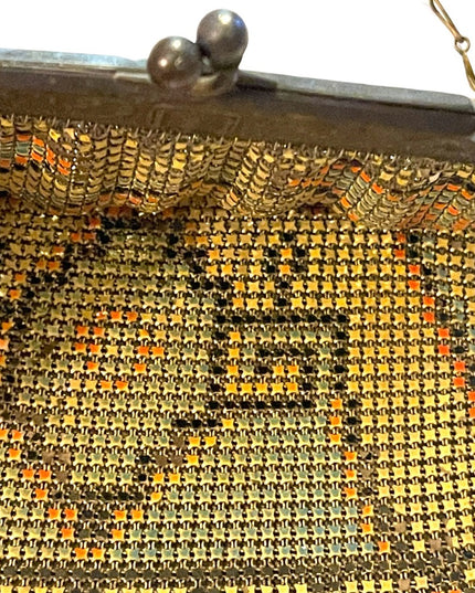 Antique 1900 Early ornate metal mesh geometric hand painted purse Art Deco