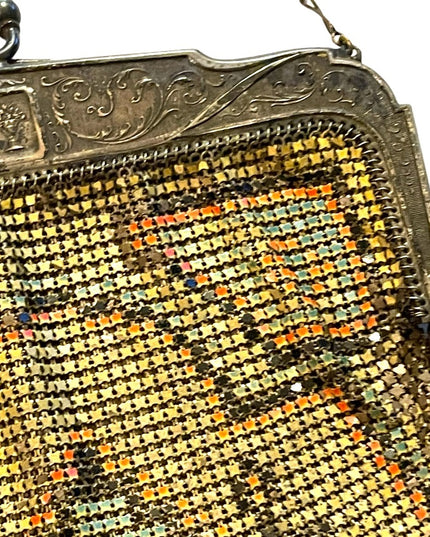 Antique 1900 Early ornate metal mesh geometric hand painted purse Art Deco