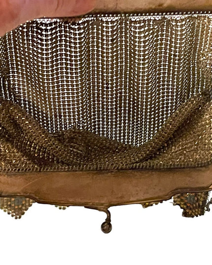Antique 1900 Early ornate metal mesh geometric hand painted purse Art Deco