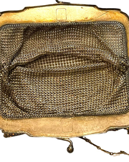 Antique 1900 Early ornate metal mesh geometric hand painted purse Art Deco