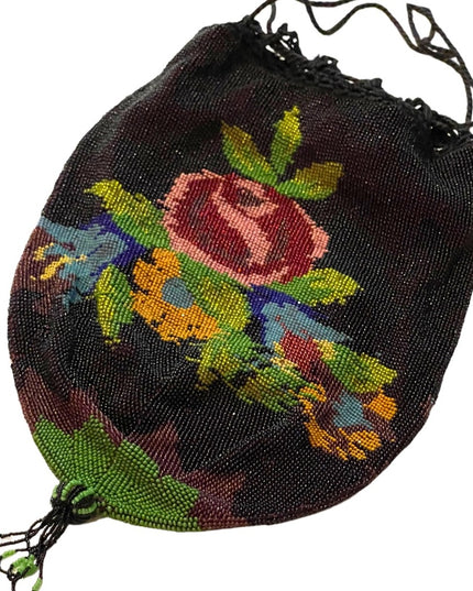 1880s Lg spectacular Victorian Micro Beaded Reticule Bag/roses floral Purse blk