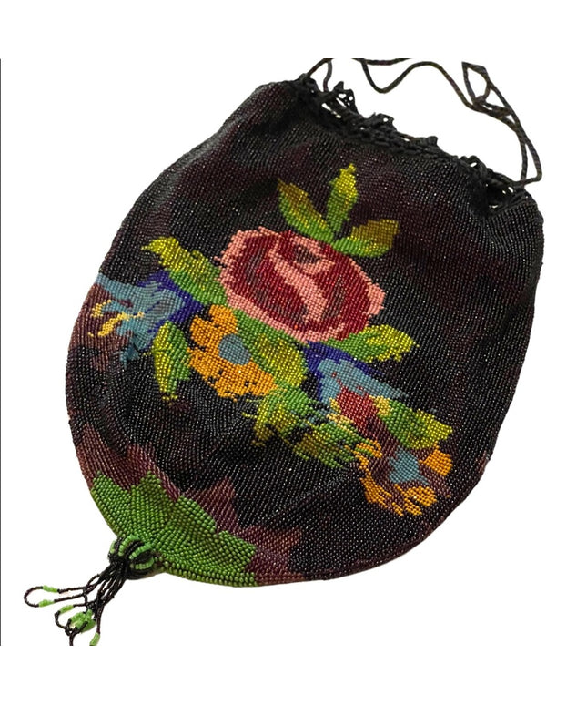 1880s Lg spectacular Victorian Micro Beaded Reticule Bag/roses floral Purse blk