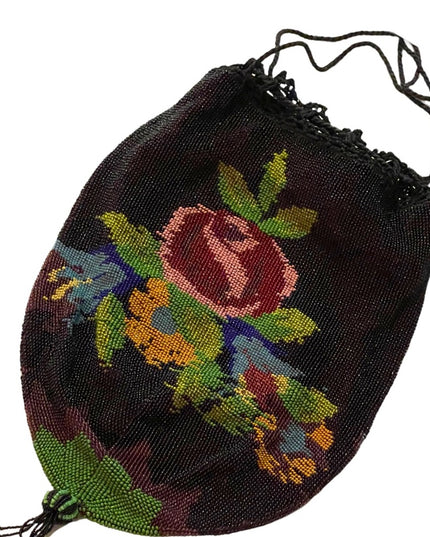 1880s Lg spectacular Victorian Micro Beaded Reticule Bag/roses floral Purse blk