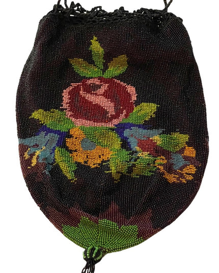 1880s Lg spectacular Victorian Micro Beaded Reticule Bag/roses floral Purse blk