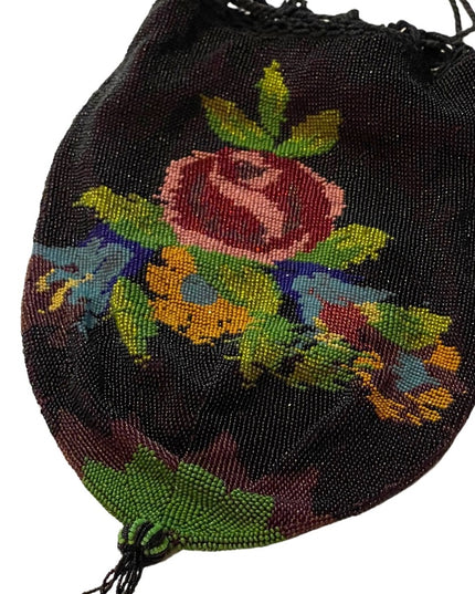 1880s Lg spectacular Victorian Micro Beaded Reticule Bag/roses floral Purse blk