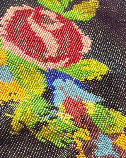 1880s Lg spectacular Victorian Micro Beaded Reticule Bag/roses floral Purse blk