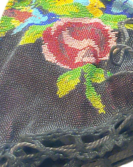1880s Lg spectacular Victorian Micro Beaded Reticule Bag/roses floral Purse blk