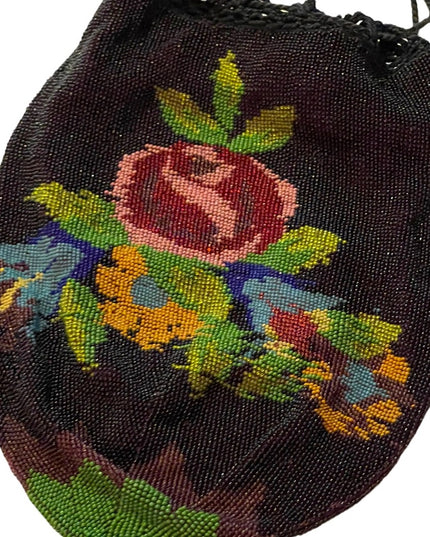 1880s Lg spectacular Victorian Micro Beaded Reticule Bag/roses floral Purse blk