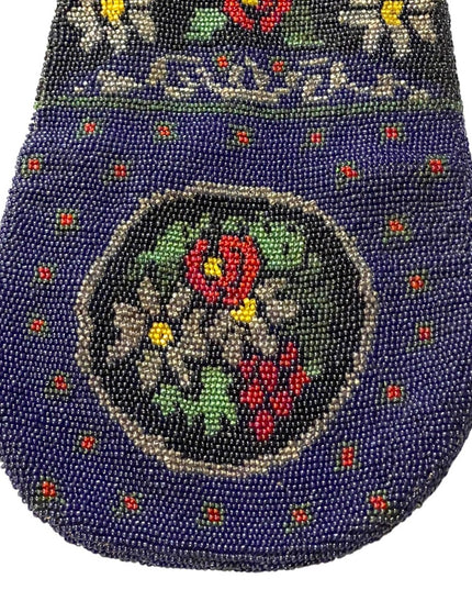 1880s Lg spectacular Victorian blue Micro Beaded Reticule Bag  floral purse
