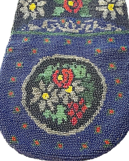 1880s Lg spectacular Victorian blue Micro Beaded Reticule Bag  floral purse