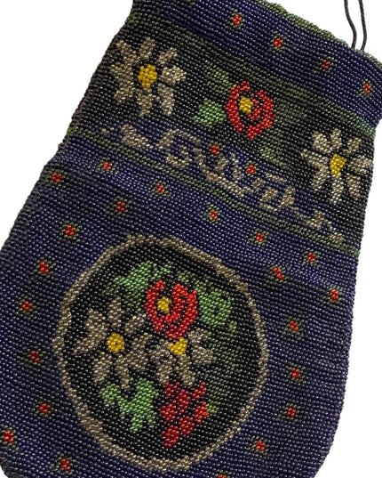 1880s Lg spectacular Victorian blue Micro Beaded Reticule Bag  floral purse