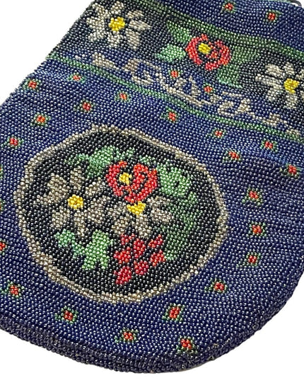 1880s Lg spectacular Victorian blue Micro Beaded Reticule Bag  floral purse