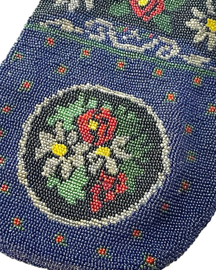 1880s Lg spectacular Victorian blue Micro Beaded Reticule Bag  floral purse