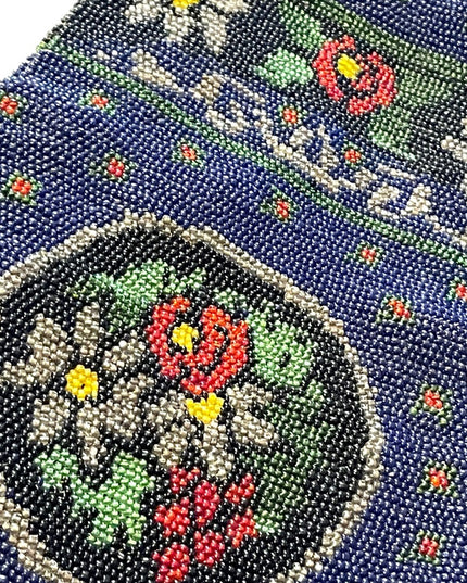 1880s Lg spectacular Victorian blue Micro Beaded Reticule Bag  floral purse