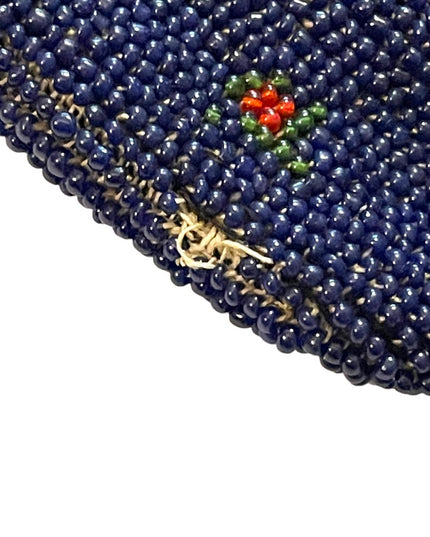 1880s Lg spectacular Victorian blue Micro Beaded Reticule Bag  floral purse