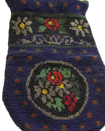 1880s Lg spectacular Victorian blue Micro Beaded Reticule Bag  floral purse