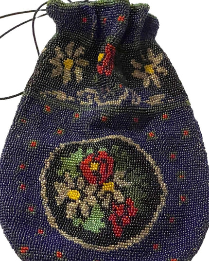 1880s Lg spectacular Victorian blue Micro Beaded Reticule Bag  floral purse