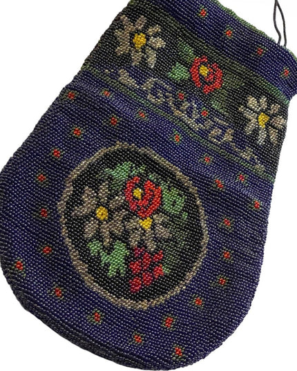 1880s Lg spectacular Victorian blue Micro Beaded Reticule Bag  floral purse