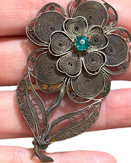 Antique silver filagree large flower brooch rhinestone china export