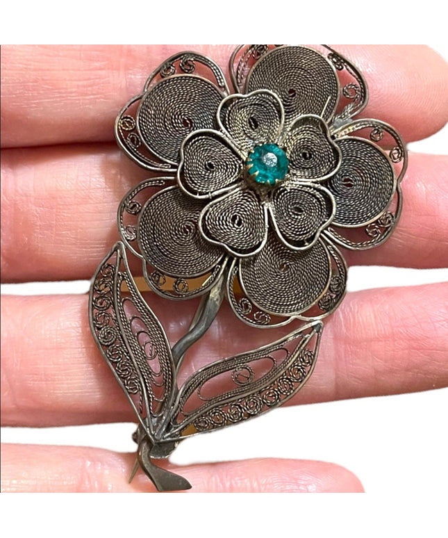 Antique silver filagree large flower brooch rhinestone china export