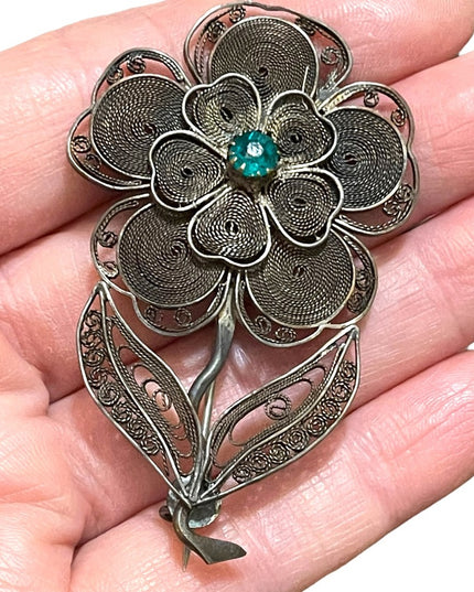 Antique silver filagree large flower brooch rhinestone china export
