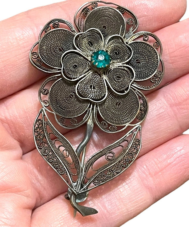 Antique silver filagree large flower brooch rhinestone china export
