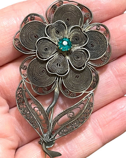Antique silver filagree large flower brooch rhinestone china export